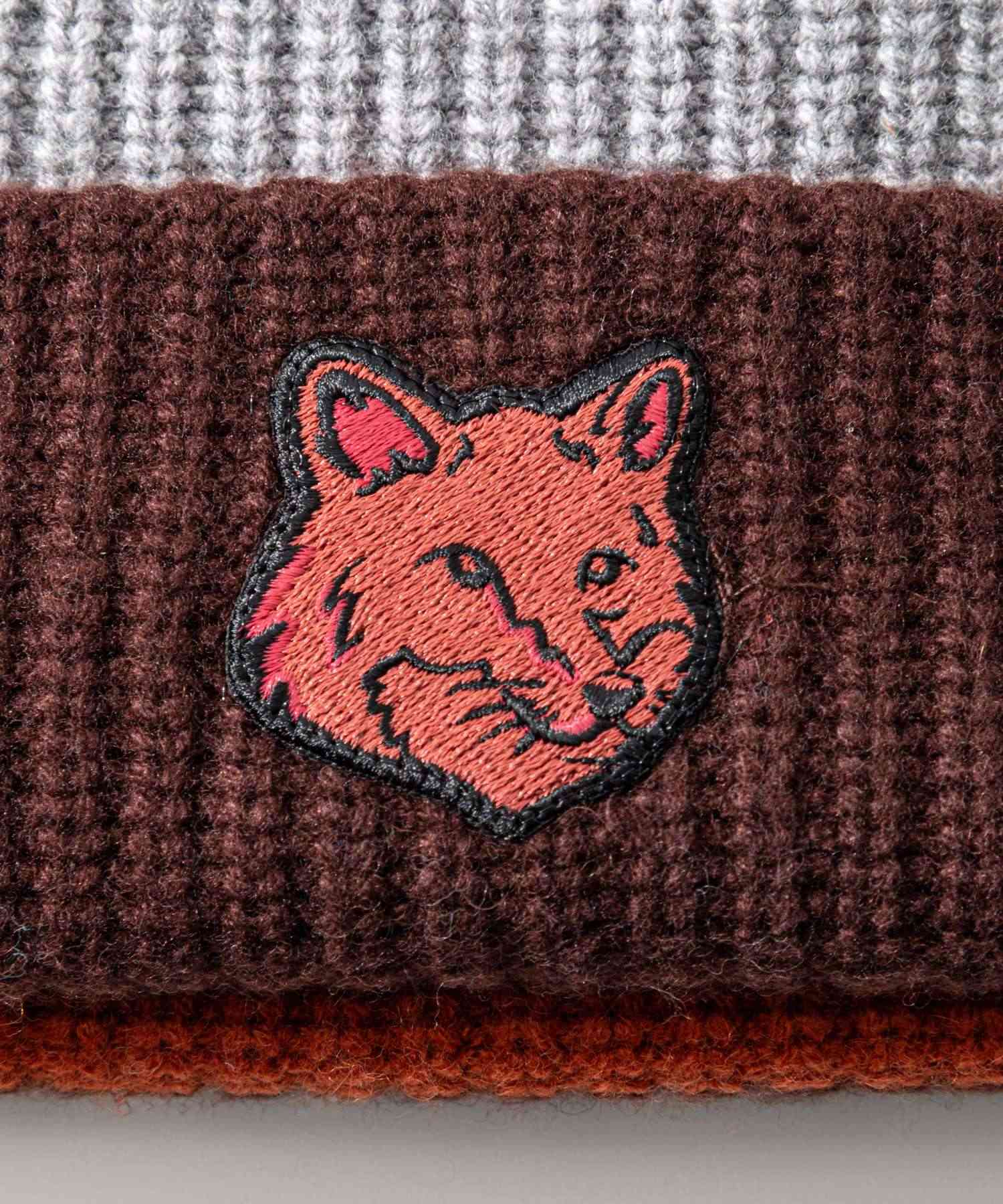 TONAL FOX HEAD PATCH STRIPED PREPPY BEANIE ビーニー帽